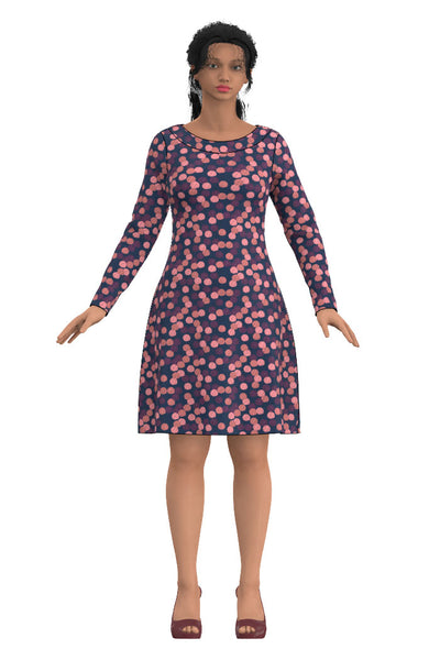 Prickig rosa lila klänning med lång ärm, båthals och längd till ovan knä från märket Esther & Inez